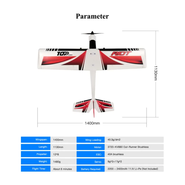 Avion Top Rc Hobby Riot bleu PNP env.1,40m