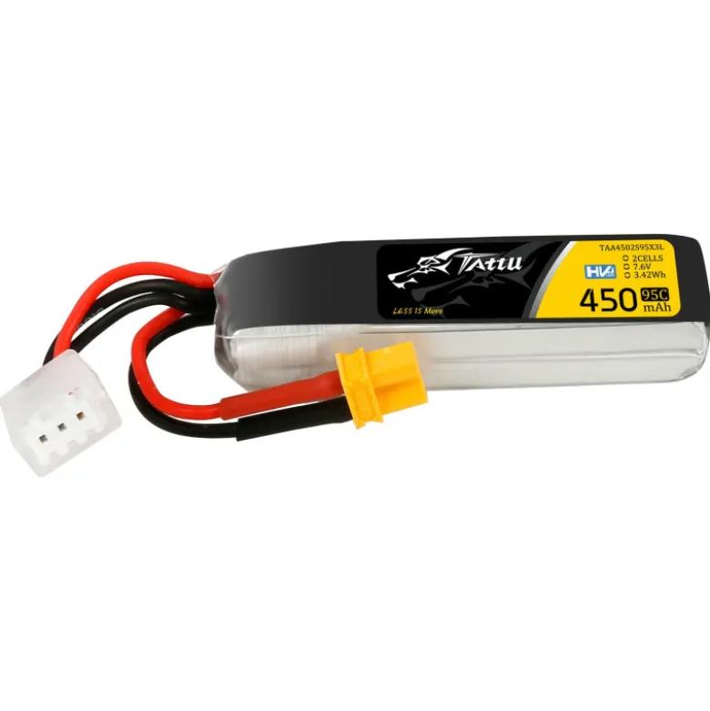 Batterie Lipo Tattu 2s 450mAh 95C 7.6V HV avec prise XT30 Format Long