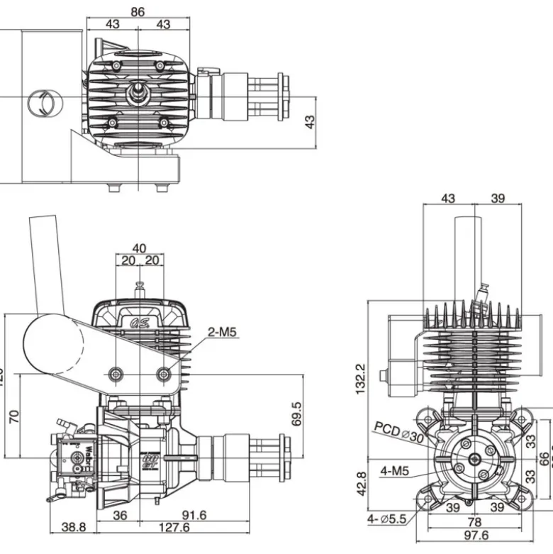 Moteur essence 2T OS GT 60 avec silencieux
