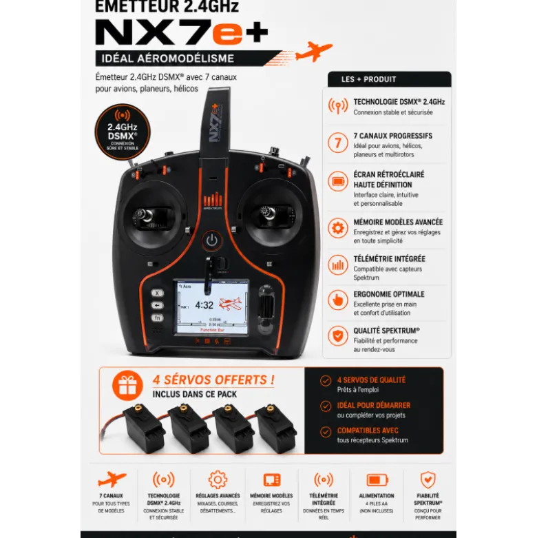 Radio NX7e+ 14 Spektrum DSMX 2,4GHz Black Edition + 4 servos A6030 offerts