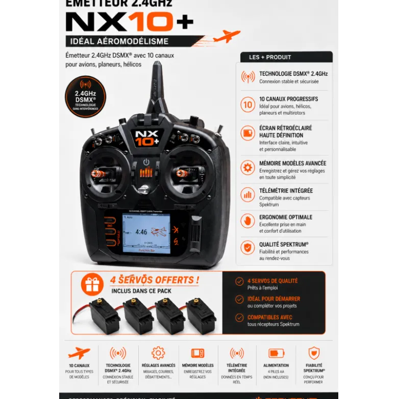 Radio NX10+ 20 Voies Spektrum DSMX 2,4GHz + 4 servos A6030 offerts