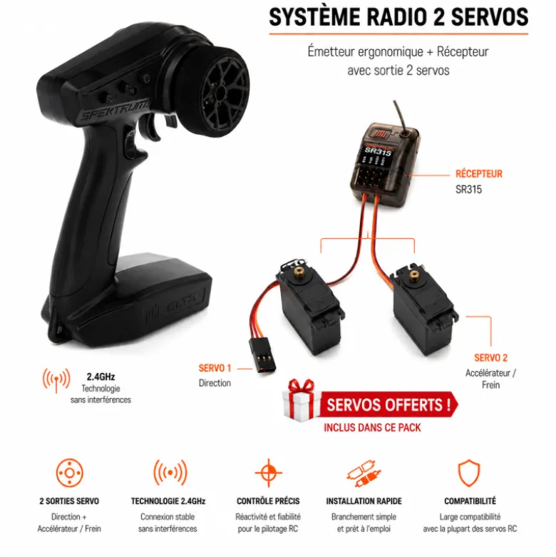 Radio SLT3 Spektrum 2.4GHZ + SR315 + 2 servos A6030 offerts