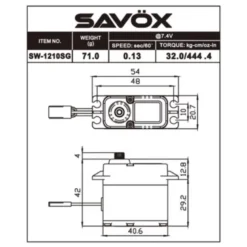 Servo numérique étanche Savox SW-1210SG+ (71g, 20kg.cm, 0.15s/60°)