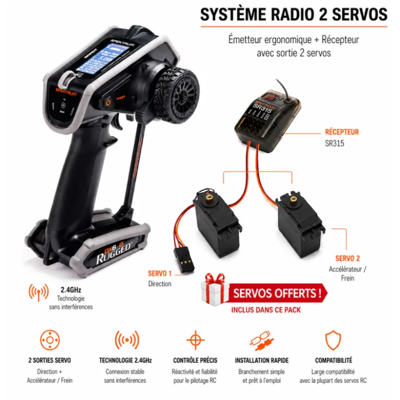 Spektrum DX6 Rugged Radio 6 Voies DSMR + SR515 + 2 servos A6030 offerts